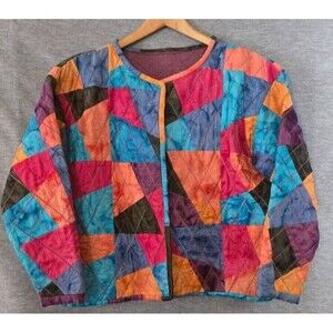 Quilted Handmade Vintage Womens Jacket Geometric Patern Multicolor Colorful XL